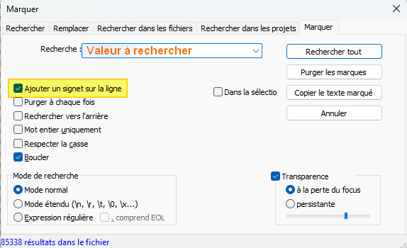 Notepad - Ajouter un signet sur la ligne