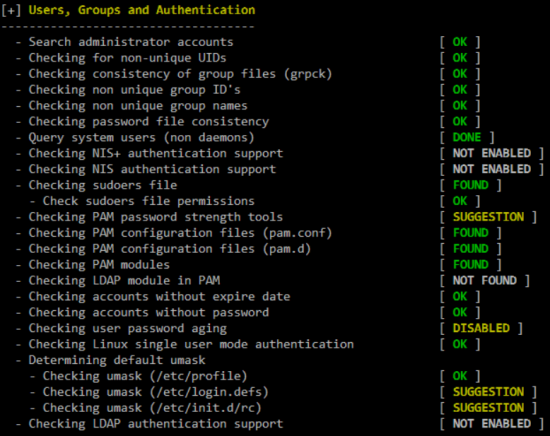 Ici, Lynis vérifier les paramétrages et les configuration à propos des utilisateurs et de l'authentification lynis scan linux