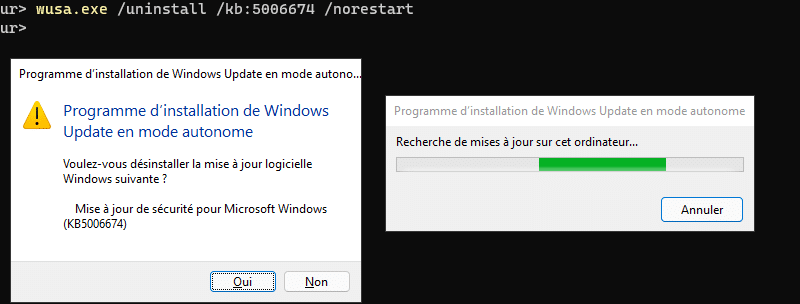 Désinstaller màj Windows en ligne de commande