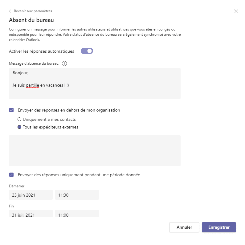 Message d'absence synchronisé entre Teams et Outlook