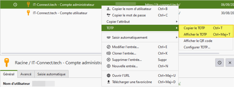 KeePassXC - Afficher le TOTP