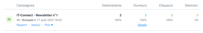 Sendinblue - Rapport sur une newsletter envoyée