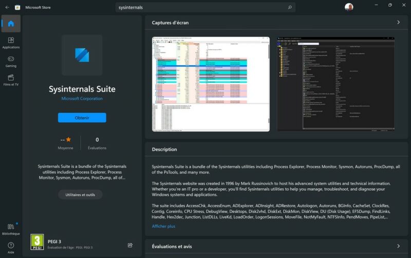 La suite Sysinternals dans le Microsoft Store