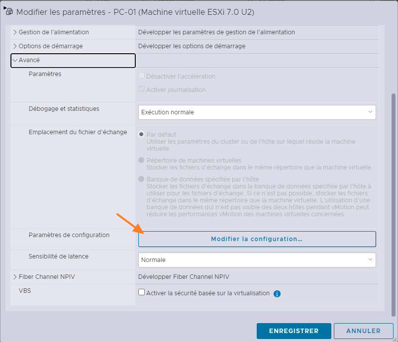 VMware ESXi - Modifier la configuration avancée VM