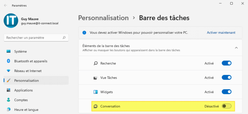 Masquer le bouton "Conversation" de Windows 11