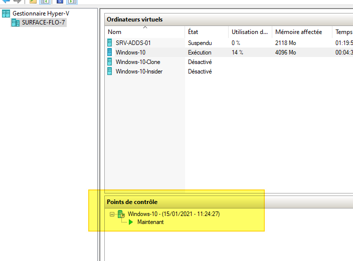 points de contrôle avec Hyper-V