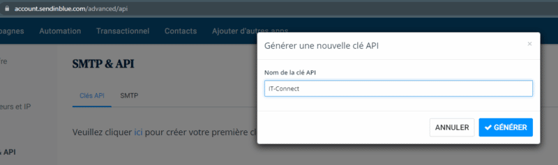 WordPress SendInBlue - Obtenir la clé API
