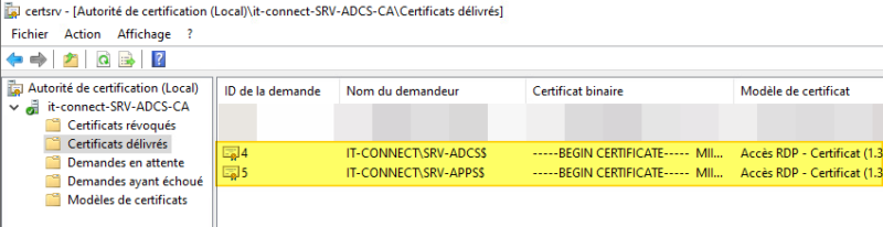 ADCS - Certificat RDP délivré