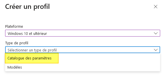 Prise en main Intune - Profil de configuration - Choix OS et catalogue