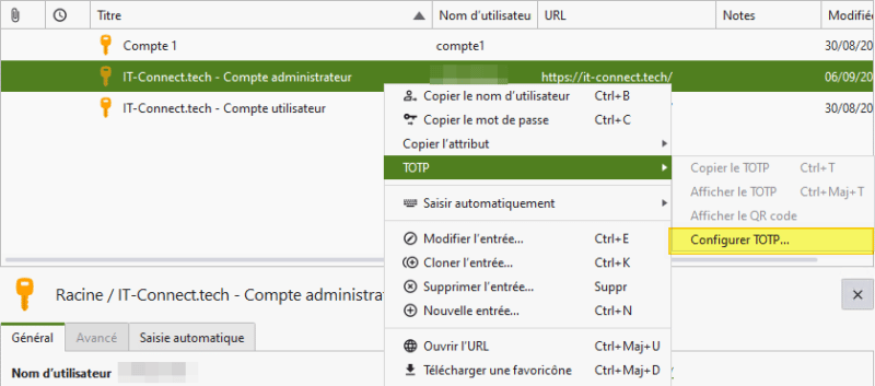 KeePassXC - Configurer TOTP