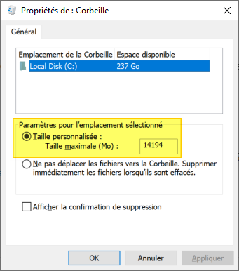 Taille Corbeille Windows 10