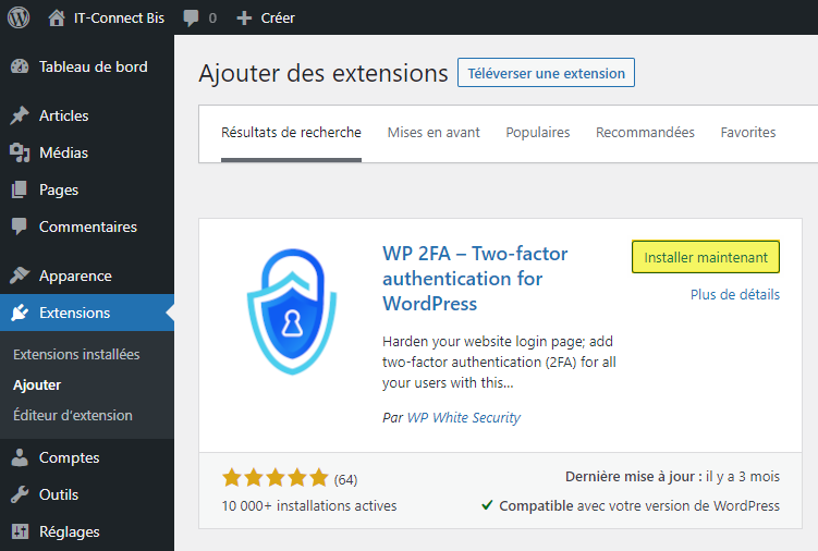 Installer l'extension WP 2FA