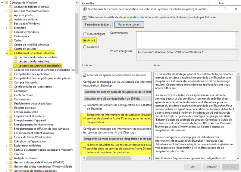 Configuration du paramètre "Sélectionner la méthode de récupération des lecteurs du système d’exploitation protégés par BitLocker"