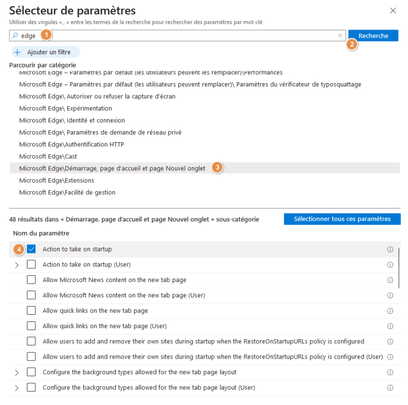 Prise en main Intune - Sélection des paramètres à configurer