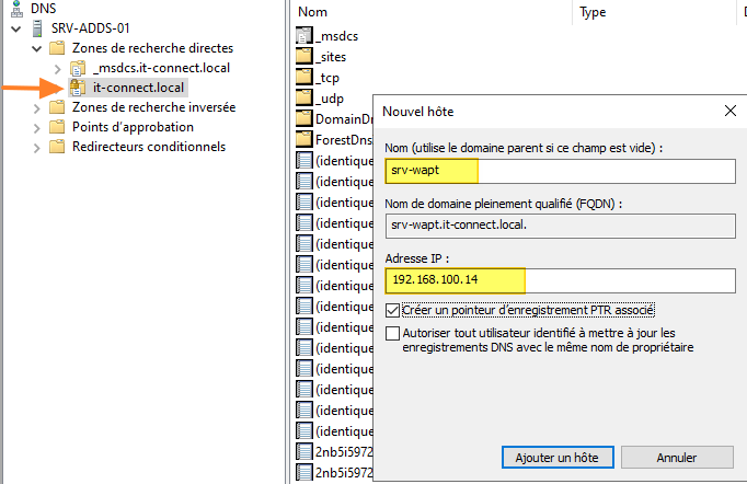 Enregistrement DNS pour le serveur WAPT