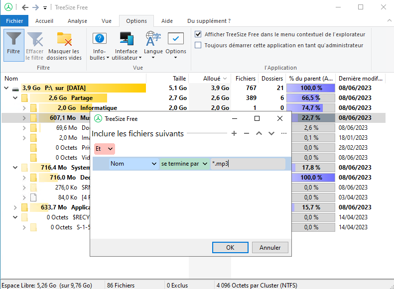 TreeSizeFree - Filtre des résultats