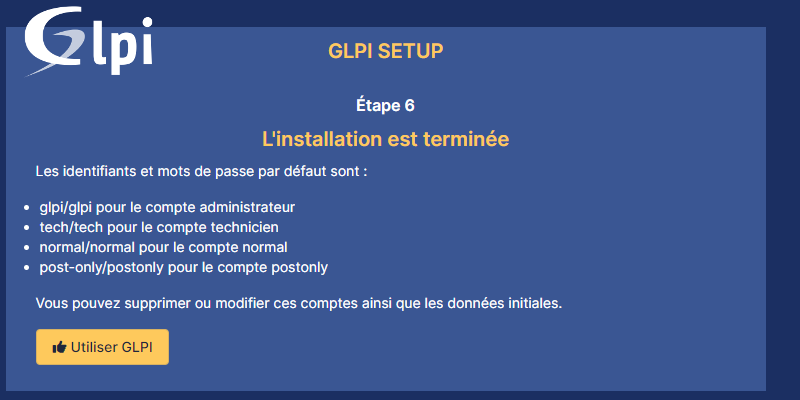 Installation de GLPI - Etape 8