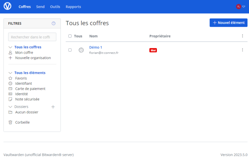 Self-hosted Vaultwarden (Bitwarden) - Aperçu interface