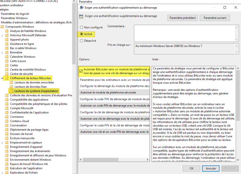 Configuration du paramètre "Exiger une authentification supplémentaire au démarrage"