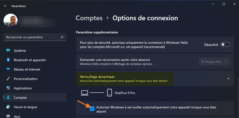 Verrouillage dynamique Windows 11