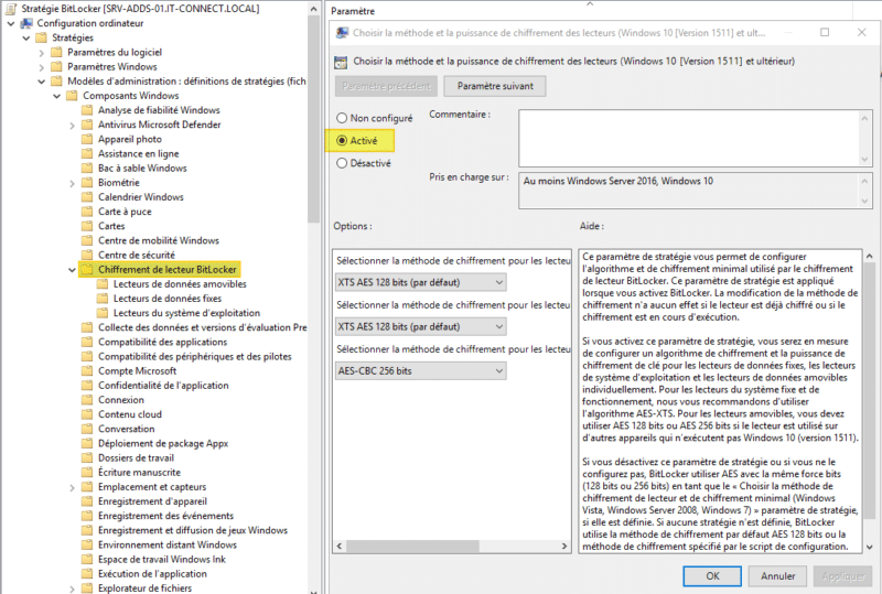 Configuration du paramètre "Choisir la méthode et la puissance de chiffrement des lecteurs"