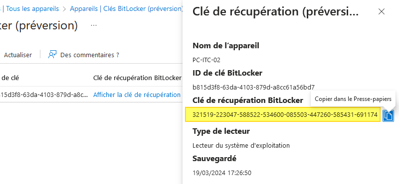 Microsoft Entra ID - Récupérer clé de récupération BitLocker