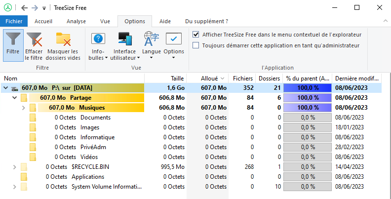 TreeSizeFree - Résultats avec filtre MP3