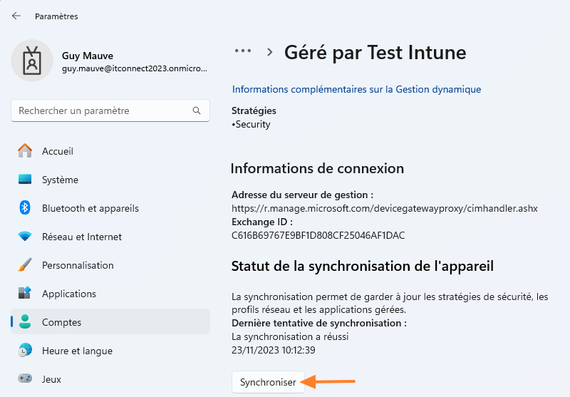 Prise en main Intune - Forcer synchronisation PC