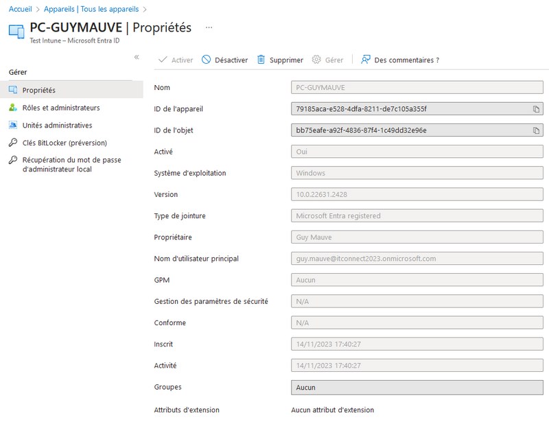 Microsoft Entra ID - PC Entra Registered - Propriétés