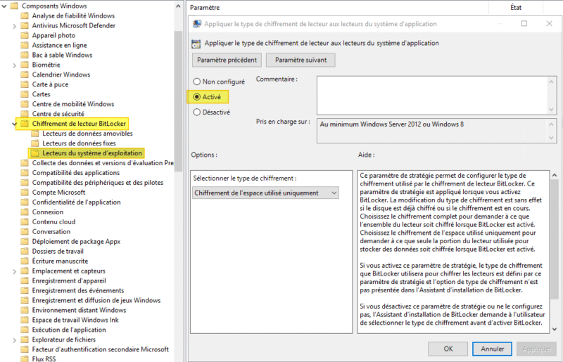 Configuration du paramètre "Appliquer le type de chiffrement de lecteur aux lecteurs du système d’application"