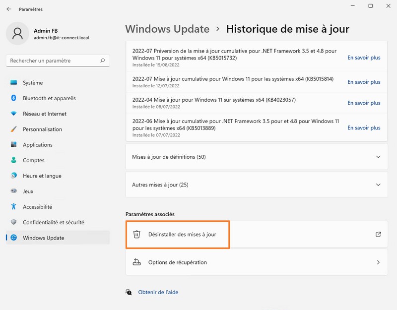 Windows 11 - Désinstaller mise à jour Windows Update - Etape 2