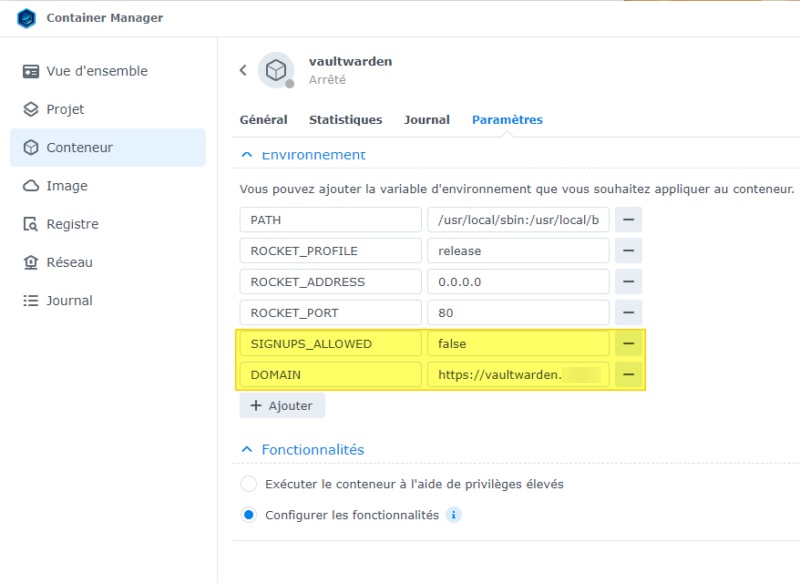 Container Vaultwarden (Bitwarden) - Les variables environnement