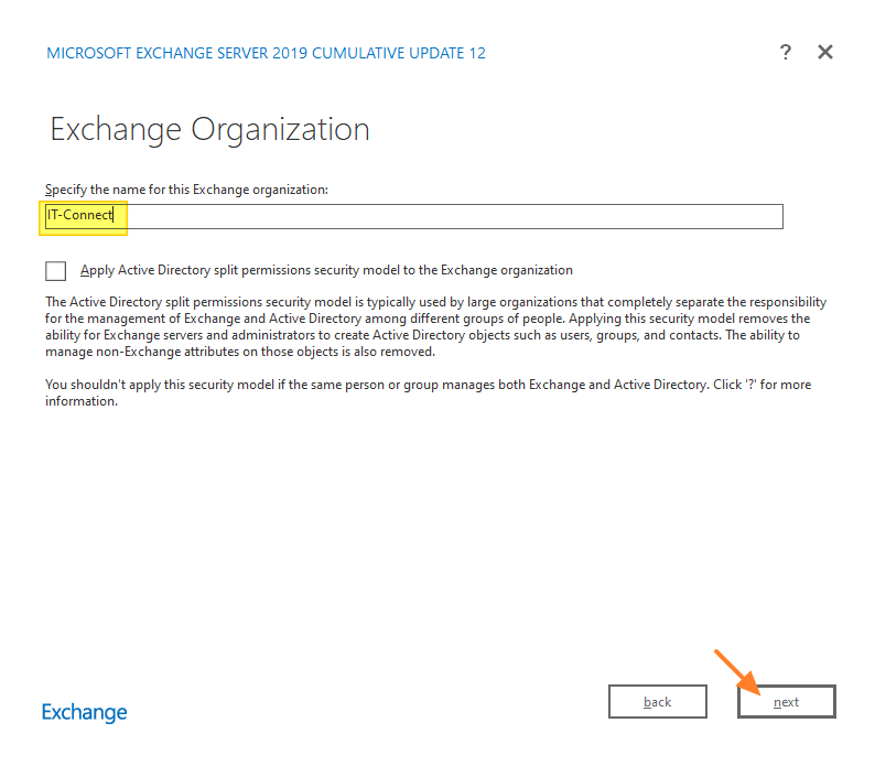 Installer Exchange Server 2019 - Etape Nom organisation