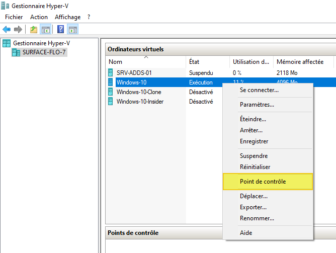 points de contrôle avec Hyper-V