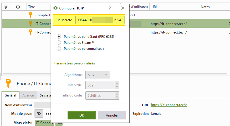 KeePassXC - TOTP - Ajout de la clé secrète