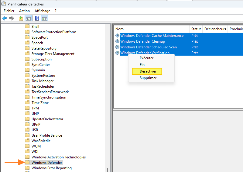 Désactiver les tâches planifiées Windows Defender