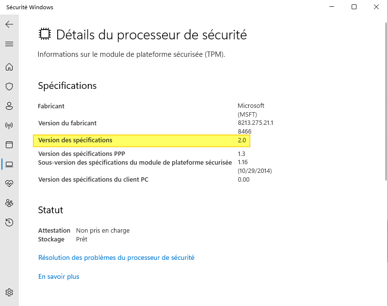 Windows 11 - Détails puce TPM via Sécurité Windows