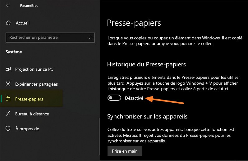 Désactiver historique presse-papiers