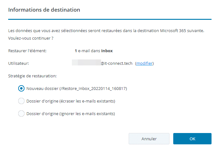 Restauration d'un e-mail avec Active Backup for Microsoft 365