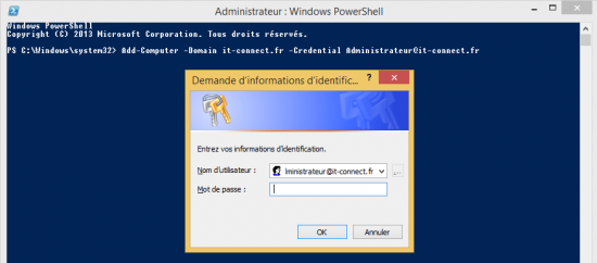Demande du mot de passe lors de l'utilisation de Add-Computer