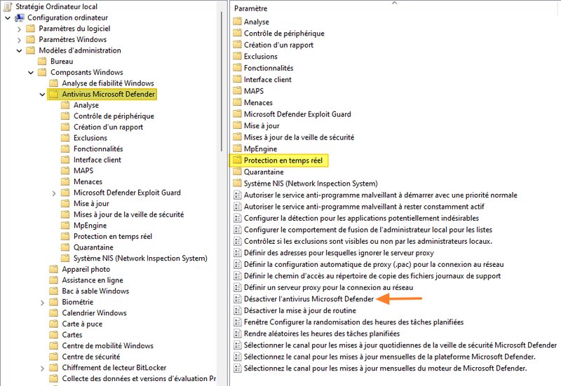 Désactiver Windows Defender sur Windows 11 permanent GPO