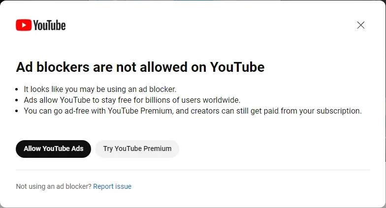 YouTube - Interdiction bloqueur de pubs