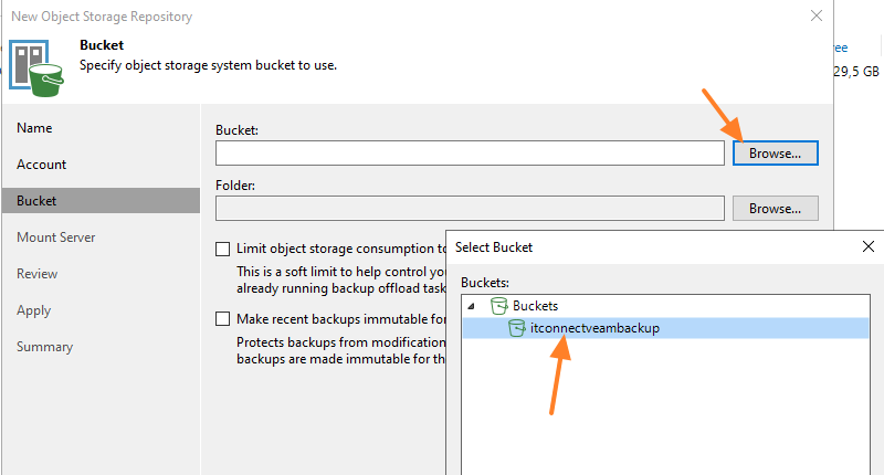 Choisir le bucket Leviia dans Veeam