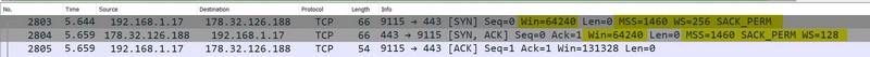 Aperçu connexion TCP dans Wireshark