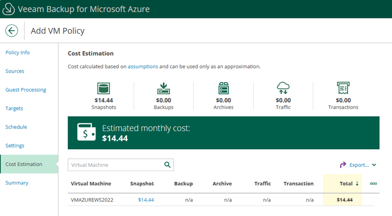 Coût estimé Veeam Backup for Azure