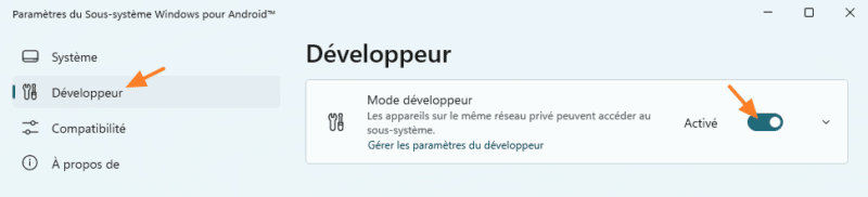 Windows Subsystem for Android - Activer le mode développeur