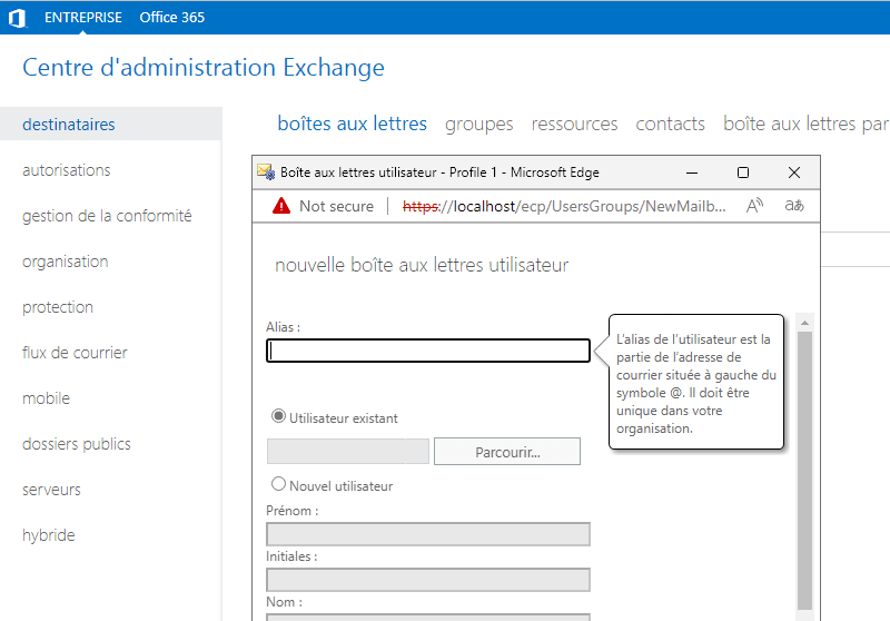 Créer une boite aux lettres Exchange 2019