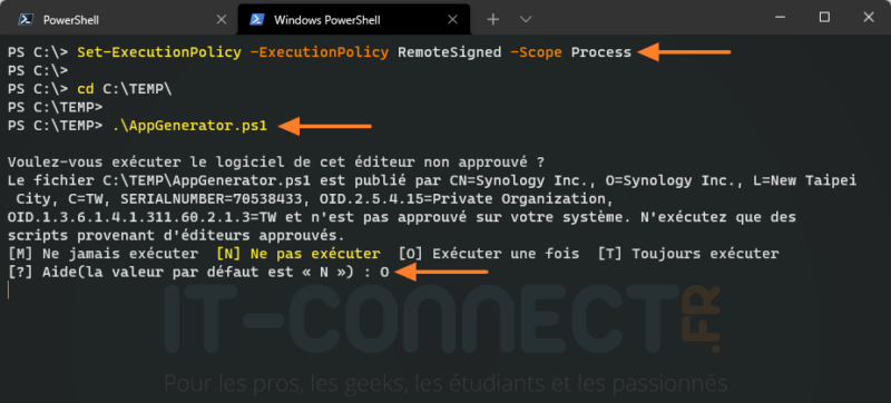 Exécution du script AppGenerator.ps1 de Synology