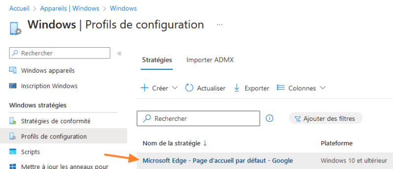 Prise en main Intune - Créer profil de configuration - Liste