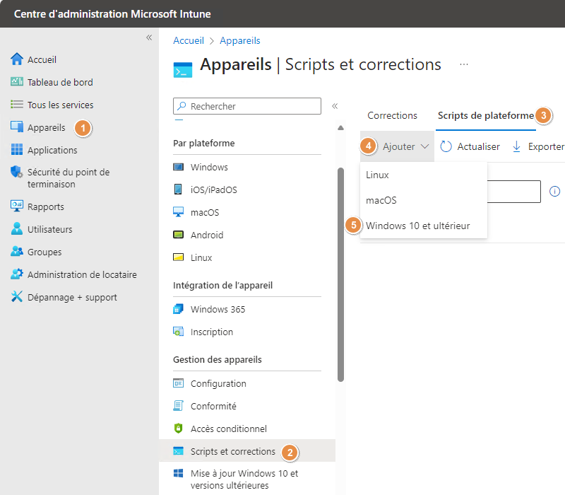 Intune - Ajouter un script PowerShell - Scripts de plateforme Windows